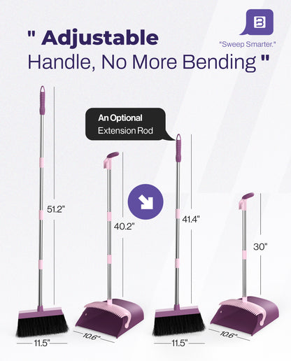 BIMZUC Broom and Dustpan Set for Home, 51" Long Handle Dustpan & Broom W/Comb, Purple Cleaning Kit