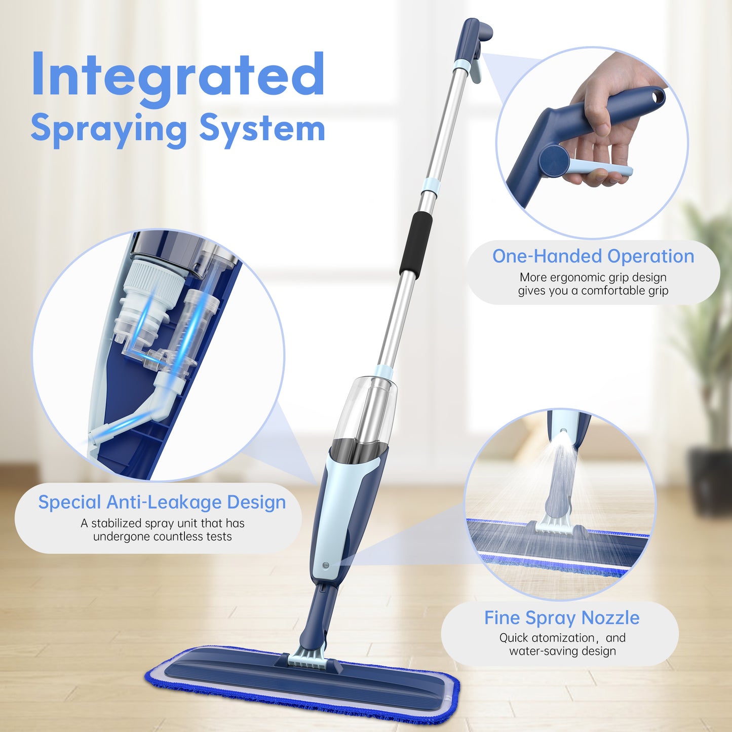 BIMZUC Spray Mop for Floor Cleaning Wet, with 14 oz Refillable Bottle and 3 Washable Microfiber Pads Home or Commercial Use, Blue