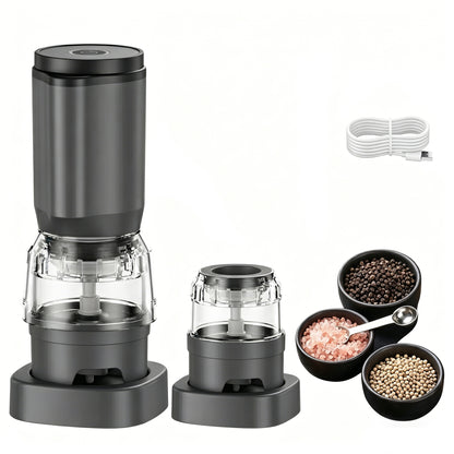 M Buder Electric Salt and Pepper Grinder Set, Rechargeable Automatic Salt Grinder and Pepper Mill with 2 Containers, Adjustable Coarseness, Gray