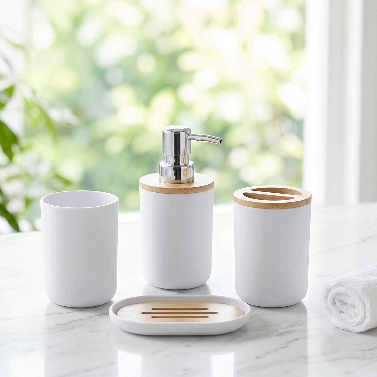 LZSDS Soap Dispenser Set 4 Piece, Plastic Countertop Lotion Dispenser for Bathroom Vanity with Tray Accessories