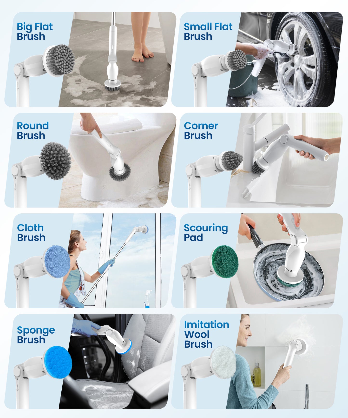 BIMZUC Electric Spin Scrubber, Cordless Cleaning Brush,8 Replaceable Heads, 4 Adjustable Angles, Remote Switch, White