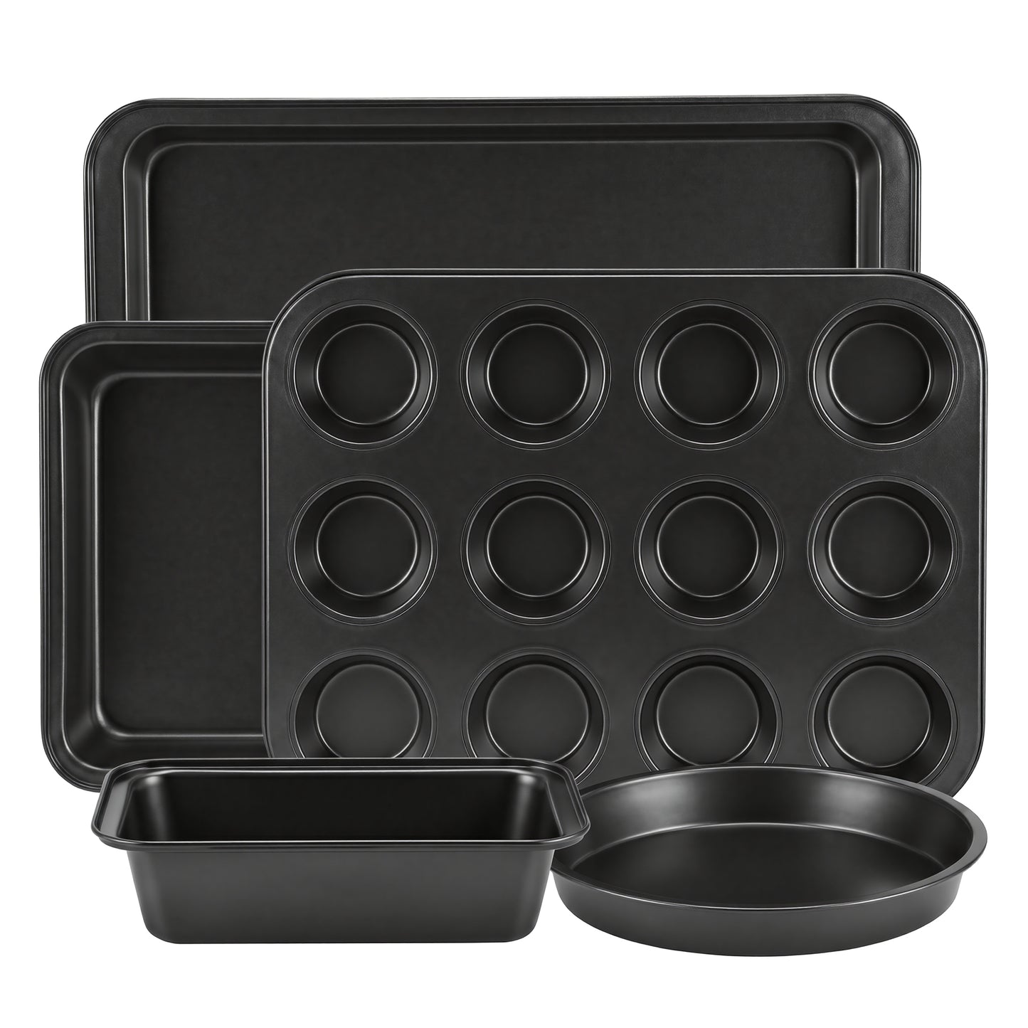M Buder Baking Pans Set, 5 Piece Non-Stick Carbon Steel Bakeware Set with Muffin Pan & Cookie Sheet & Cake Pan, Black