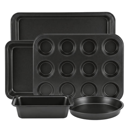 M Buder Baking Pans Set, 5 Piece Non-Stick Carbon Steel Bakeware Set with Muffin Pan & Cookie Sheet & Cake Pan, Black