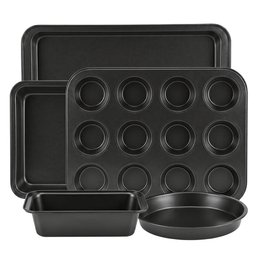 M Buder Baking Pans Set, 5 Piece Non-Stick Carbon Steel Bakeware Set with Muffin Pan & Cookie Sheet & Cake Pan, Black