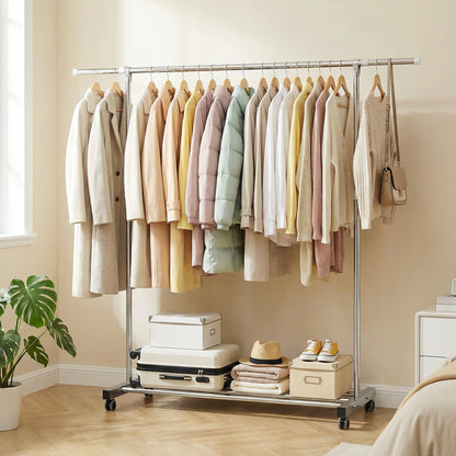 Riousery Heavy-Duty Stainless Steel Clothing Rack with Wheels, Adjustable Height & Length for Closet Organization