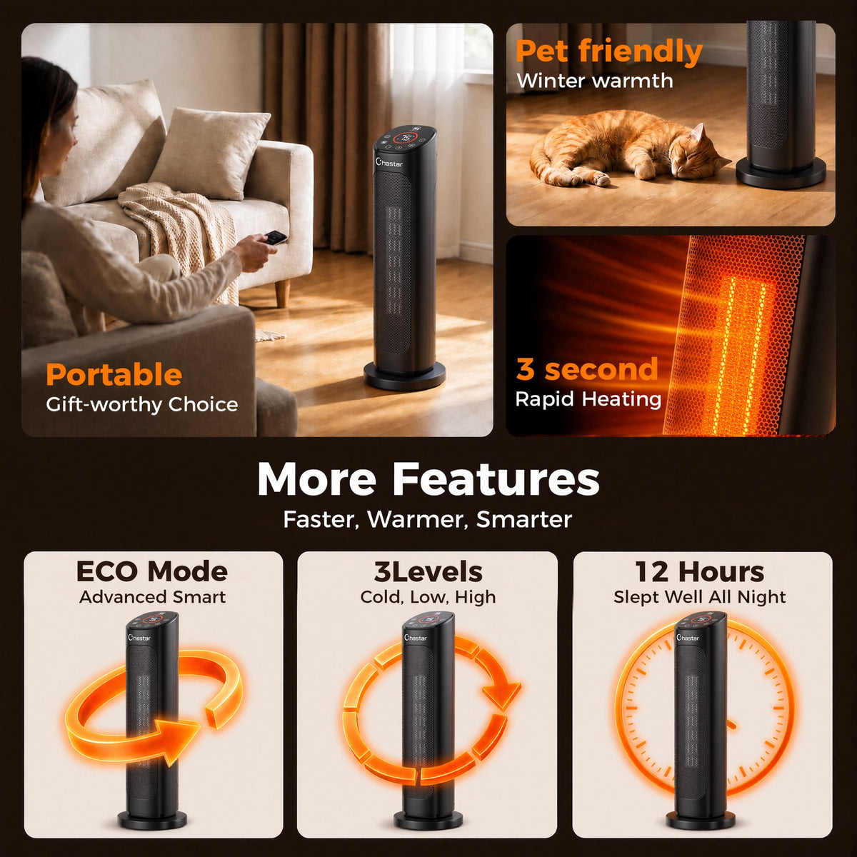 Chastar Black 1500W Electric Oscillating Ceramic Space Heater, 24 inch, with Remote, New
