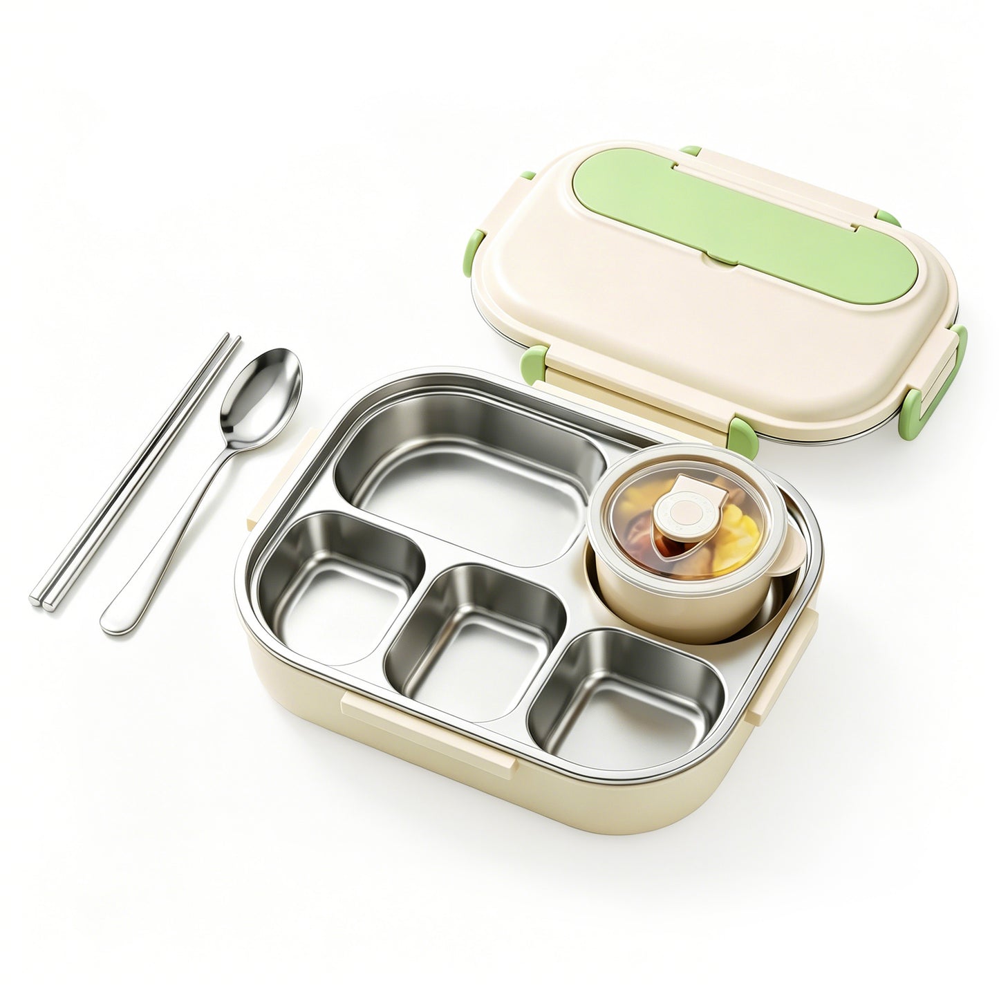 M Buder Bento Box for Kids, Leak-Proof 304 Stainless steel Lunch Box with 5 Compartments , Double Insulated Food Jar, Fork, Spoon, Green
