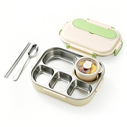 M Buder Bento Box for Kids, Leak-Proof 304 Stainless steel Lunch Box with 5 Compartments , Double Insulated Food Jar, Fork, Spoon, Green