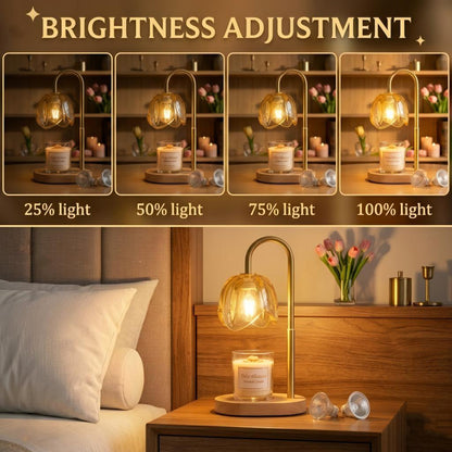 AOLIGO Electric Candle Warmer Lamp with Timer Adjustable Height Dimmable Flower Glass Wax Melting Light Wooden Base for Small Jars, Yellow