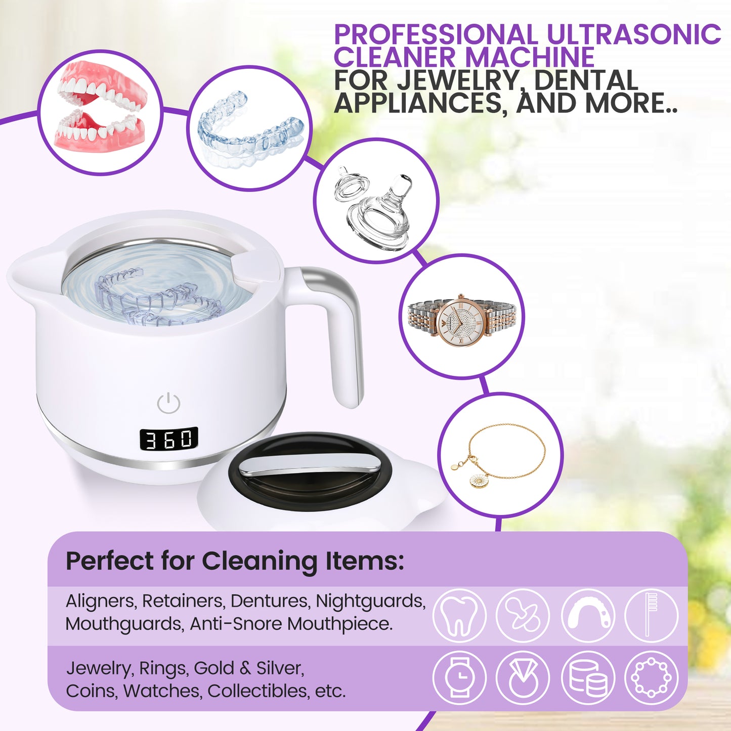 Bokyan Ultrasonic Cleaner for Dentures, Retainers, Aligners, Braces Portable Dental and Jewelry Cleaner with Ultrasonic