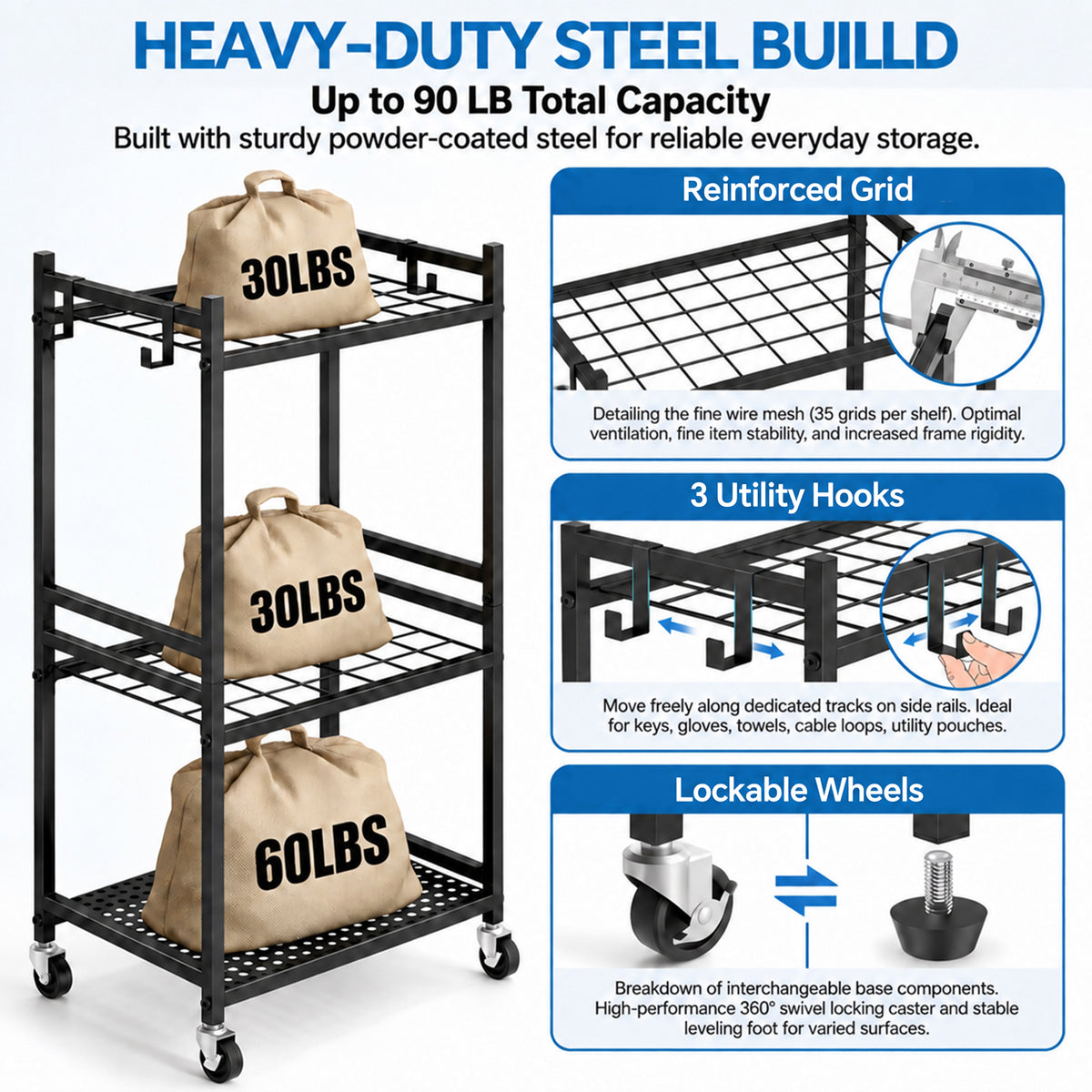 Riousery Garden Tool Organizer with Lockable Wheels, Heavy Duty Steel Yard Tool Rack, Garage Storage Stand with Hooks for Brooms, Rakes, Shovels, Mops
