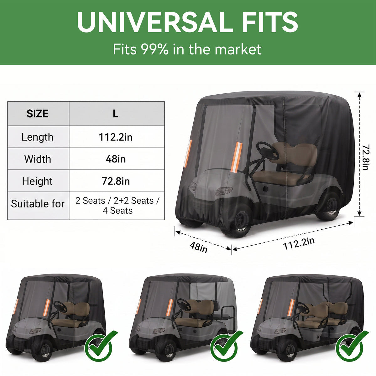 MORSUMA 112.2 Inch 210D Oxford Golf Cart Cover, Golf Cart Covers 4 Passenger, Black, 1-Pack