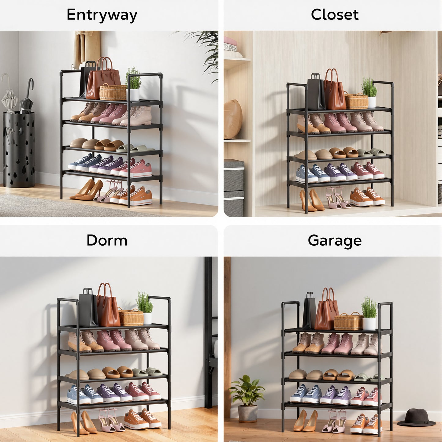 Riousery 4-Tier All-Steel Shoe Rack, Stackable Metal Shoe Organizer with Adjustable Shelves, Heavy-Duty Storage for Entryway, Closet, Bedroom