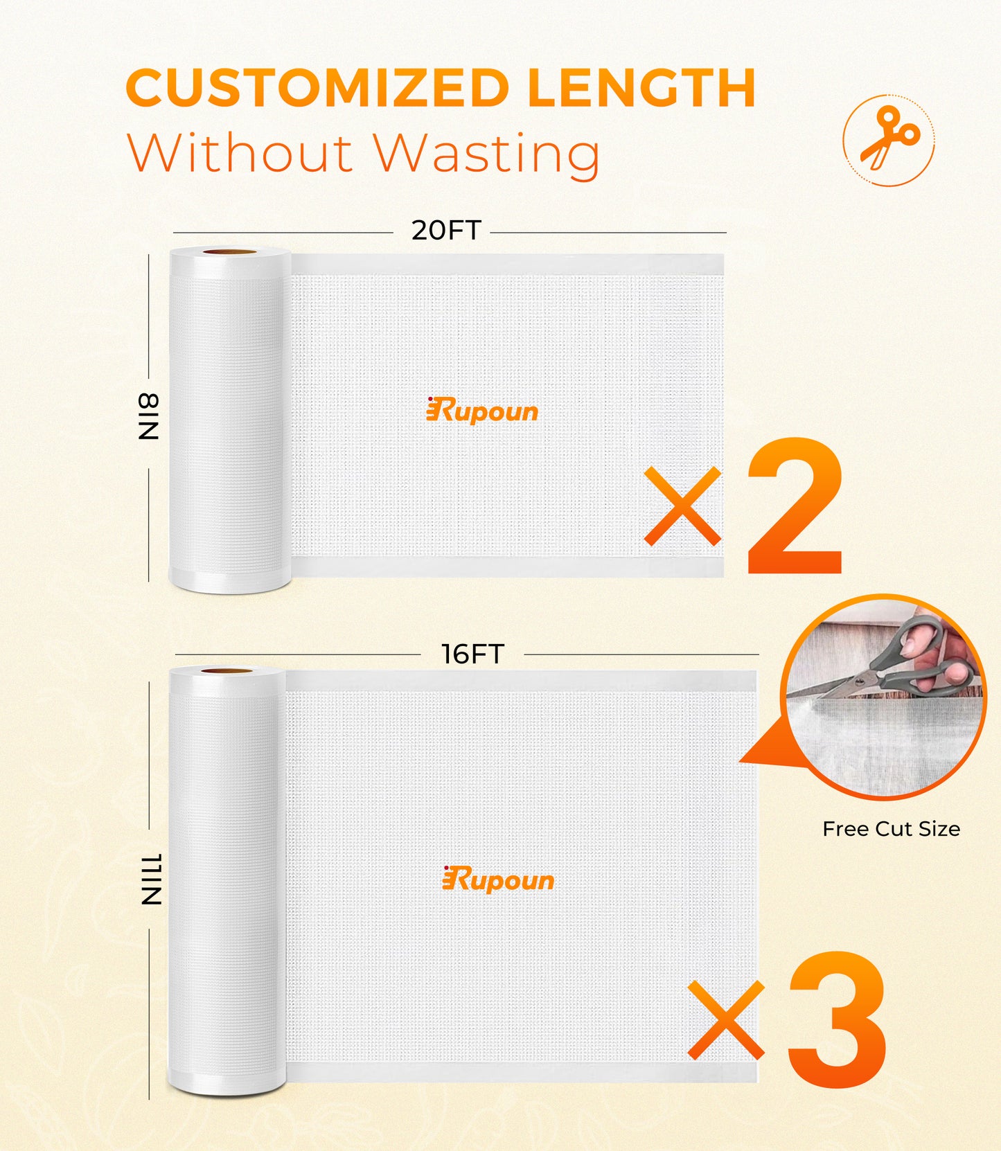 Rupoun 2 Rolls 8" X 20' Vacuum Sealer Bags, Food Storage Seal Bag Rolls for Food, Clear