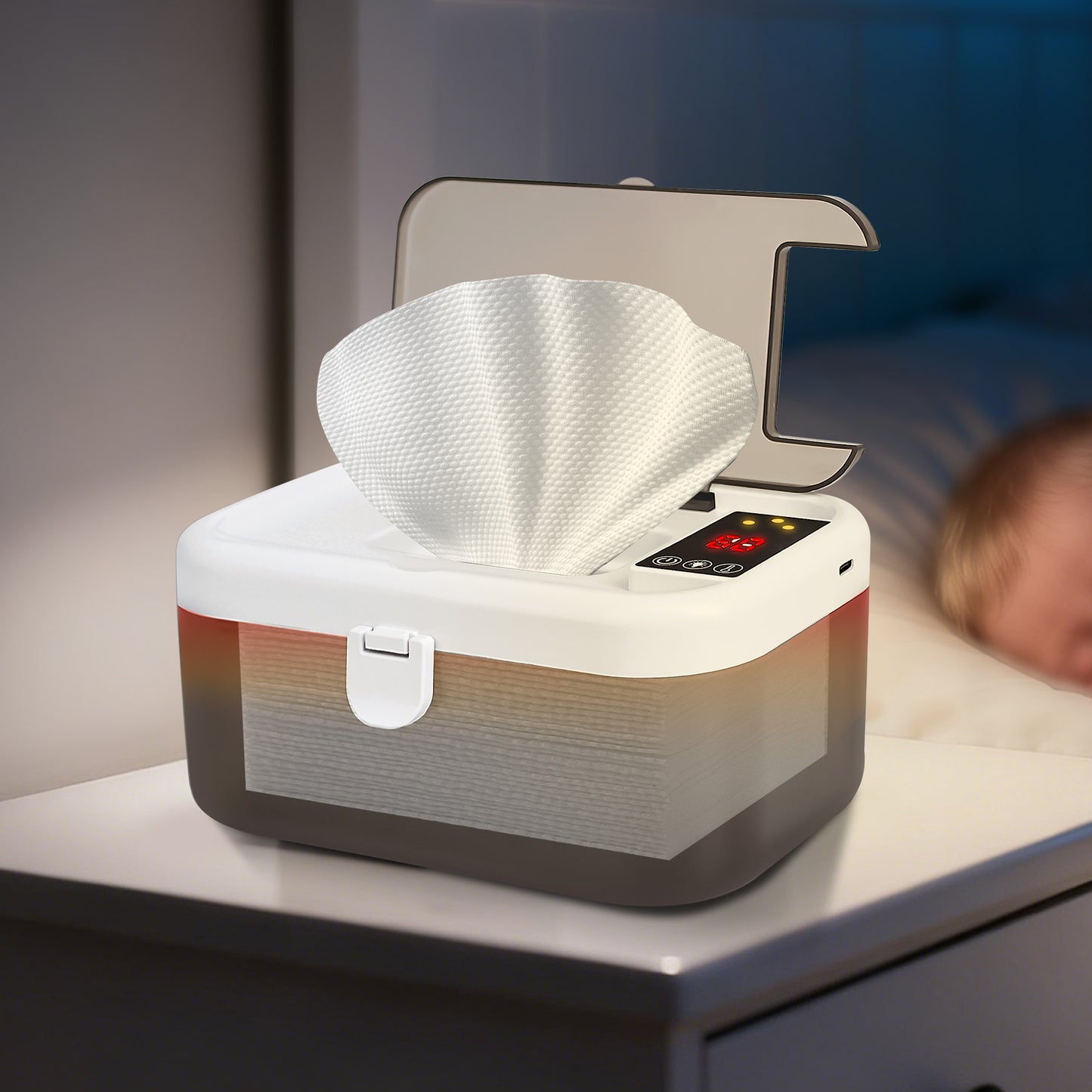 WEENEED Baby Wipe Warmer and Dispenser, USB Powered, 3 Temperature Settings 131°F–149°F, Built-in Night Light, Gray-White