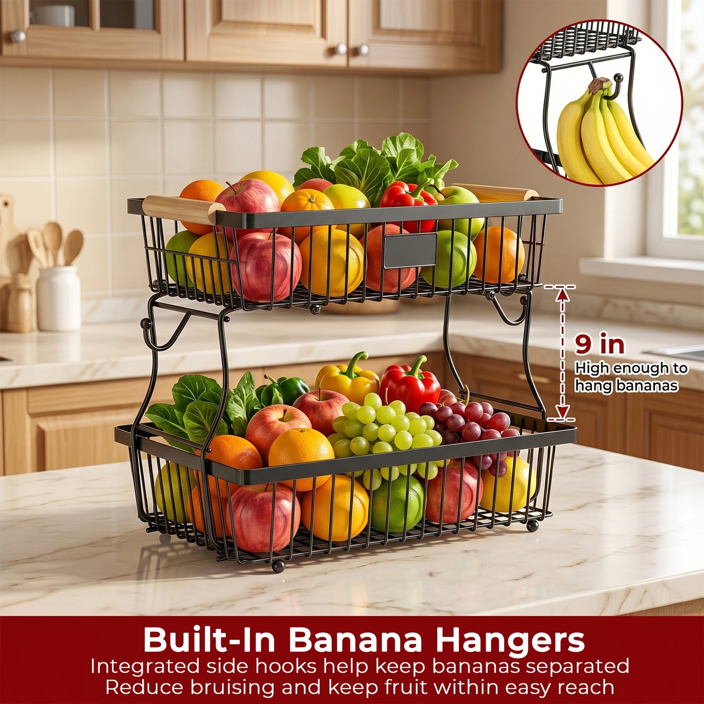 Riousery 2-Tier Fruit Basket for Kitchen Counter with Wooden Handle and Side Hooks, Detachable Metal Fruit Bowl Stand for Fruit and Vegetable Storage, Black, 16.1" x 9.4" x 11.4"