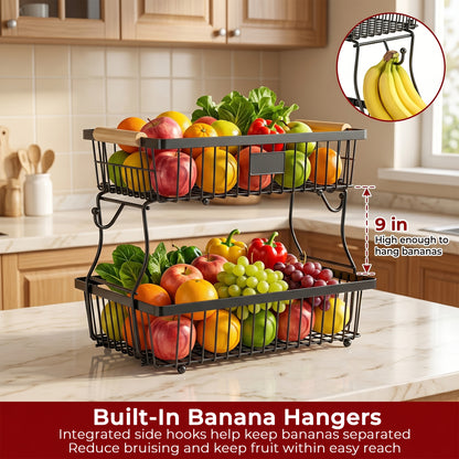 Riousery 2-Tier Fruit Basket for Kitchen Counter with Wooden Handle and Side Hooks, Detachable Metal Fruit Bowl Stand for Fruit and Vegetable Storage, Black, 16.1" x 9.4" x 11.4"
