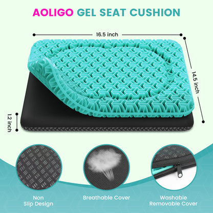 AOLIGO Gel Seat Cushion for Long Sitting, 17" x 15" Enlarged Thickened Pad, Soft & Breathable Office and Wheelchair Comfort, Cyan