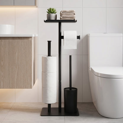Riousery Toilet Paper Holder Stand with Shelf, Freestanding Bathroom Storage Organizer with Toilet Brush and Caddy Holder, Rustproof Metal, Black