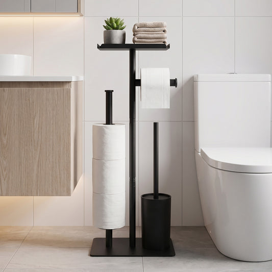 Riousery Toilet Paper Holder Stand with Shelf, Freestanding Bathroom Storage Organizer with Toilet Brush and Caddy Holder, Rustproof Metal, Black