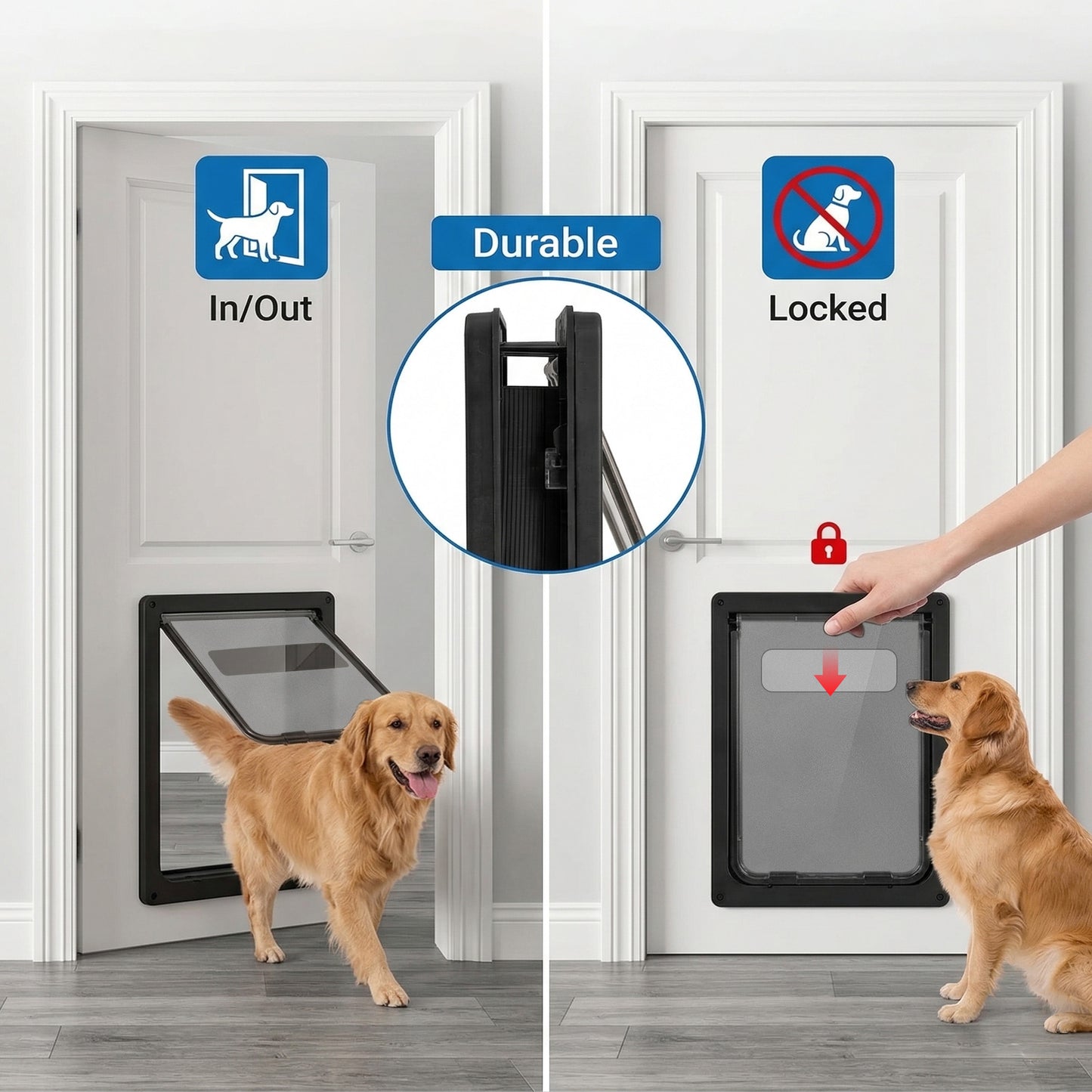 Sunypet Dog Door with Lock and Magnetic Auto-Closing, for Interior/Exterior Use, Large, Black