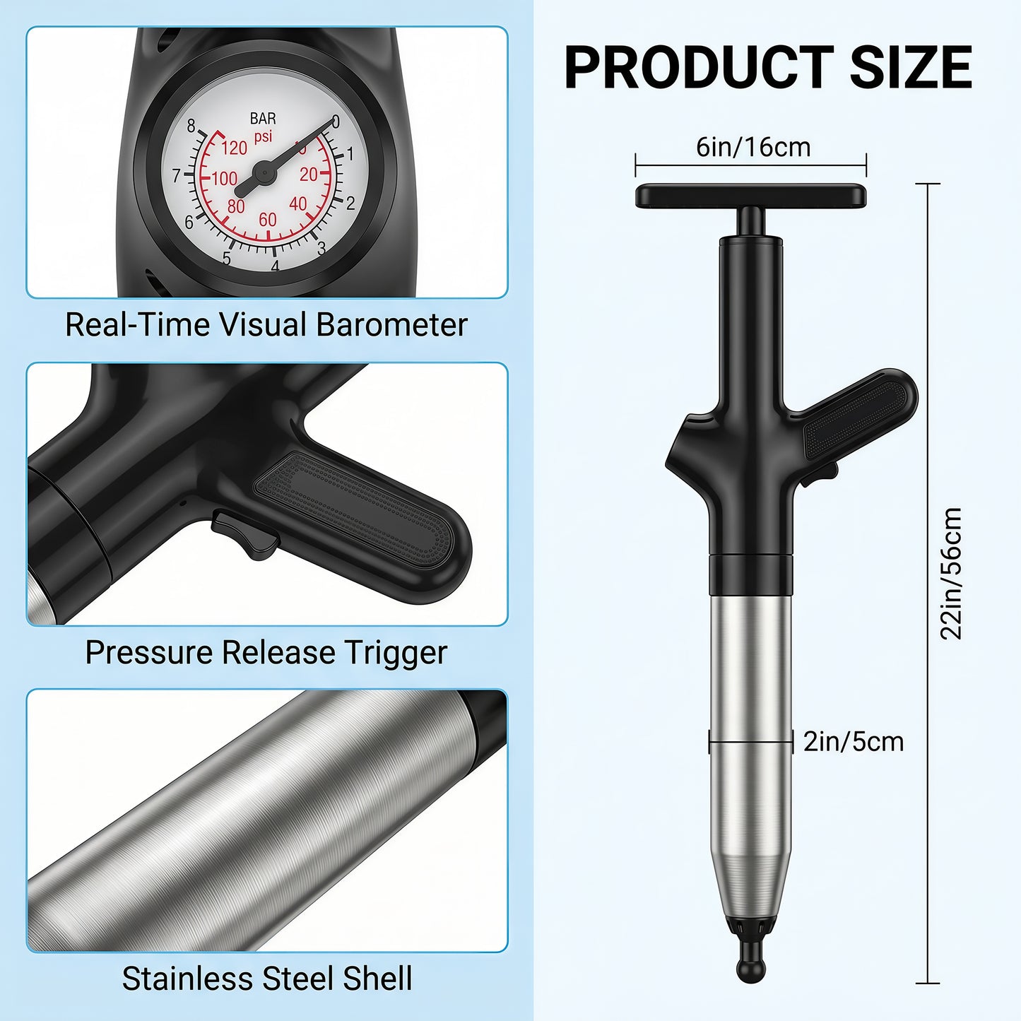 LZSDS Power Air Plunger for Toilet Heavy Duty, Visible Pressure Gauge Drain Unclogger with 4 Heads Splash Free