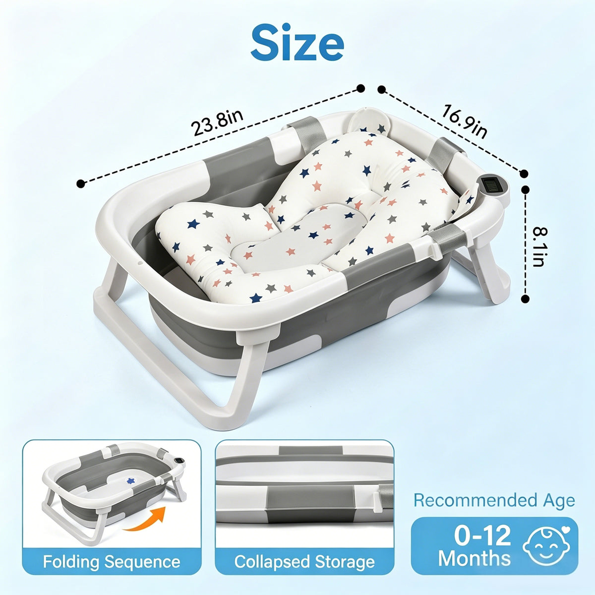 Rupoun Baby Bathtub, Collapsible for Newborn Boys and Girls, Foldable Baby Bathtubs, Gray, Plastic