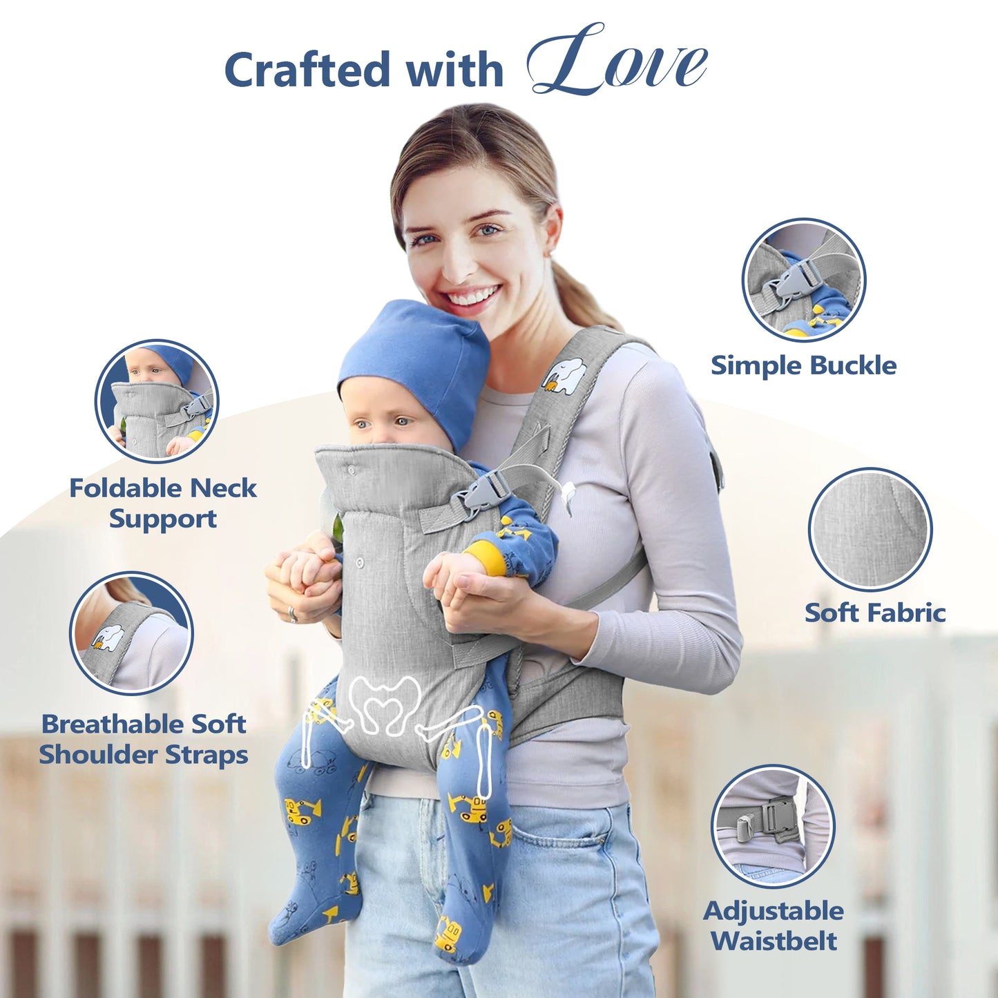 RUPOUN Baby Carrier, Convertible Soft & Cool Baby Carrier, 4-Position, Gray, for Child, Infant, Newborn