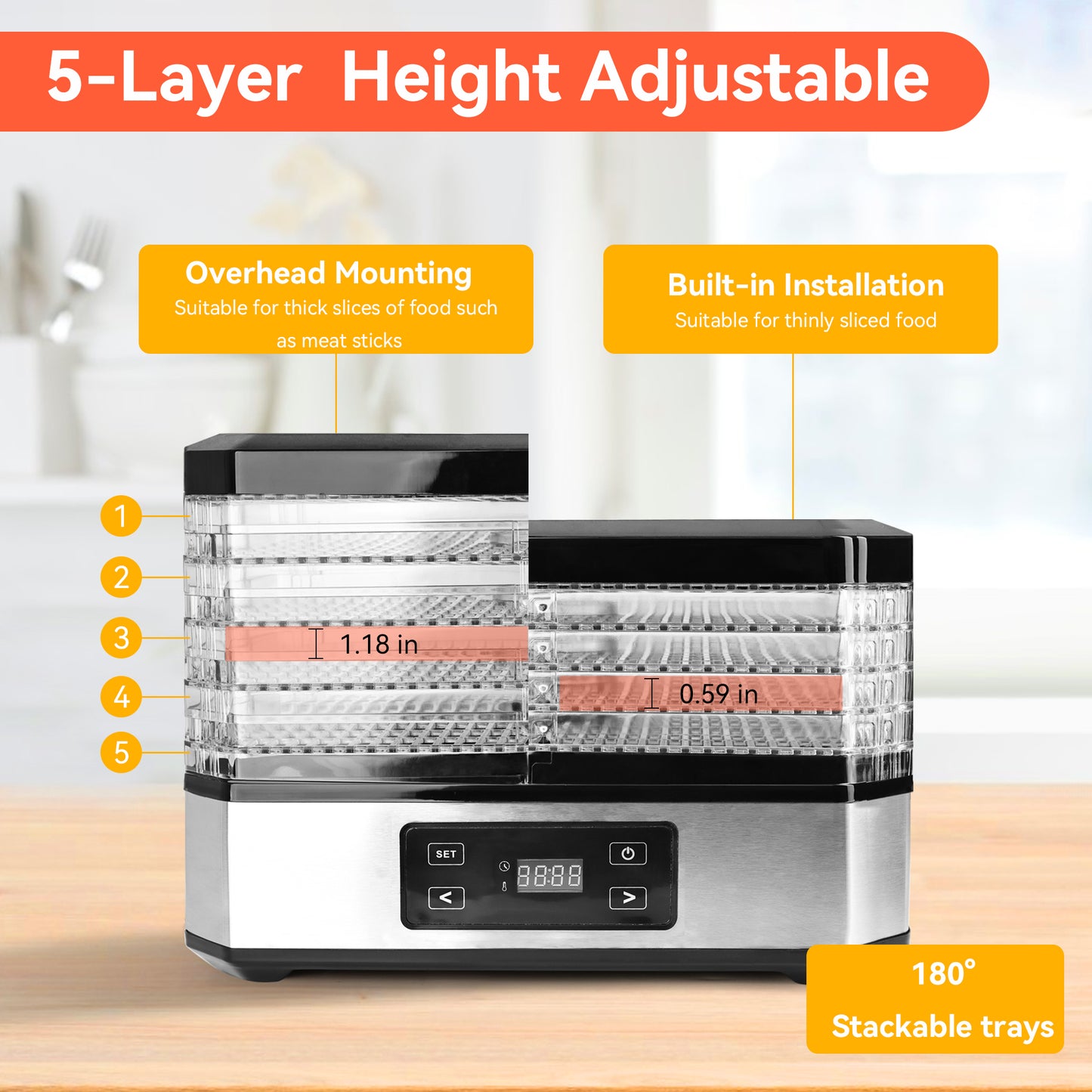 M Buder Food Dehydrator Machine 5 Tray, Adjustable Timer and Temperature, for Drying Jerky and Fruits, Black