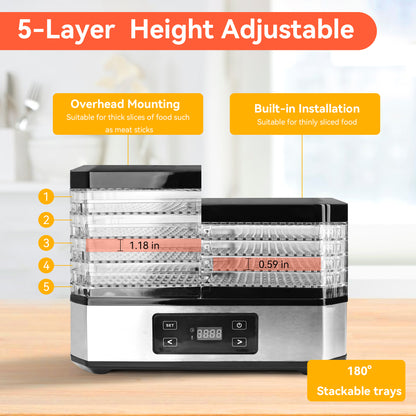 M Buder Food Dehydrator Machine 5 Tray, Adjustable Timer and Temperature, for Drying Jerky and Fruits, Black
