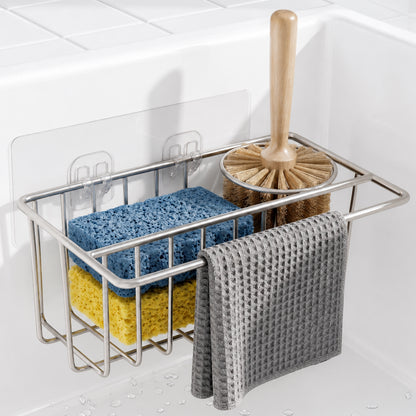 Riousery Compact Kitchen Sink Caddy, Adhesive Sponge Holder, 6.7 x 4.0 x 2.9 in Stainless Steel Mini Sink Organizer with Brush Holder and Dishcloth Bar, Rust Resistant