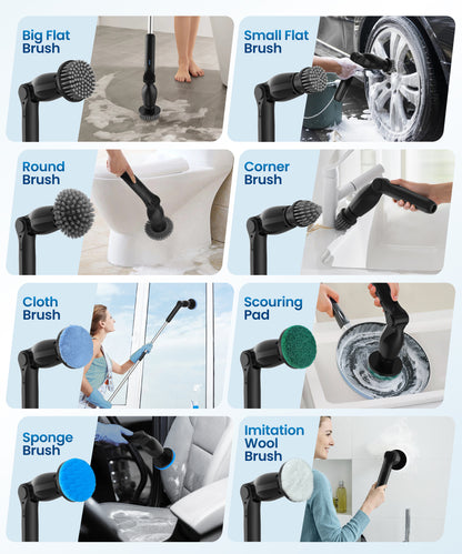 BIMZUC Electric Spin Scrubber, Cordless Cleaning Brush,8 Replaceable Heads, 4 Adjustable Angles, Extendable Handle, Black