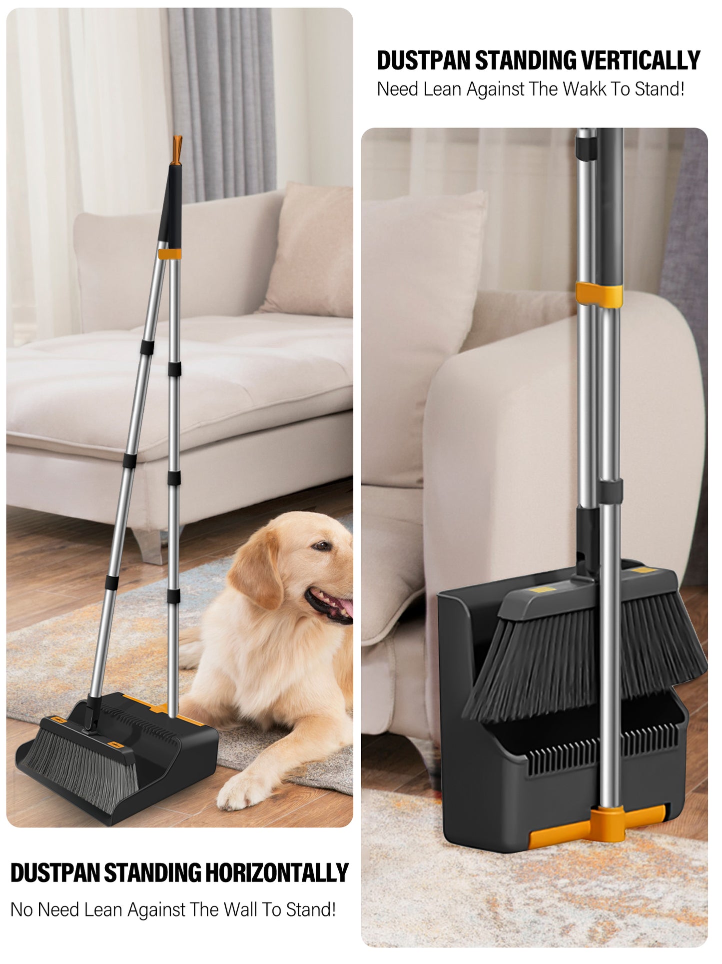 BIMZUC Broom and Dustpan set with 50.4" Long Handle Extension Pole Set for Home (Black+Orange)