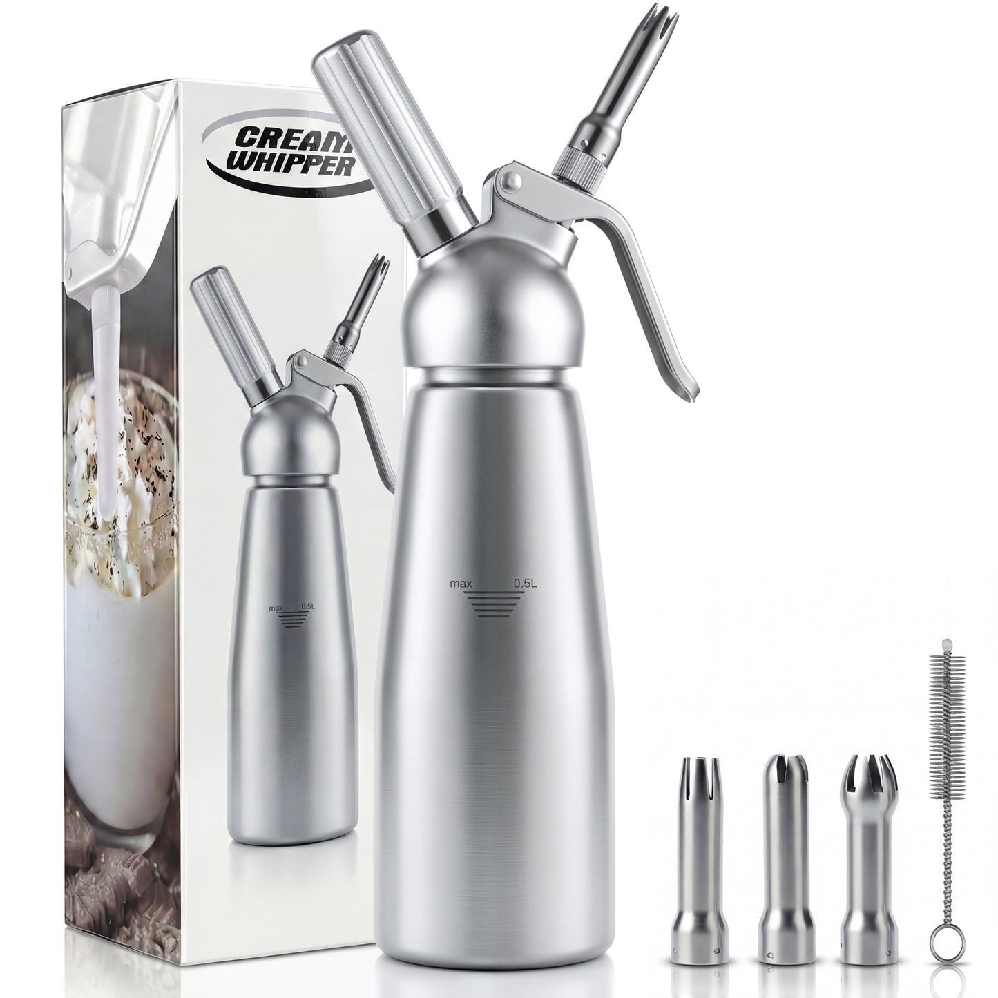 M Buder Whipped Cream Dispenser, Whip Cream Maker 500mL for Desserts Gourmet Cream Whipper with 3 Decorating Nozzles, Cleaning Brush, Silver