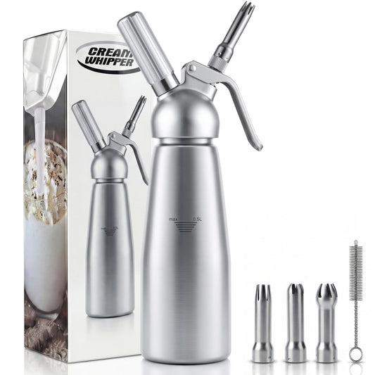 M Buder Whipped Cream Dispenser, Whip Cream Maker 500mL for Desserts Gourmet Cream Whipper with 3 Decorating Nozzles, Cleaning Brush, Silver