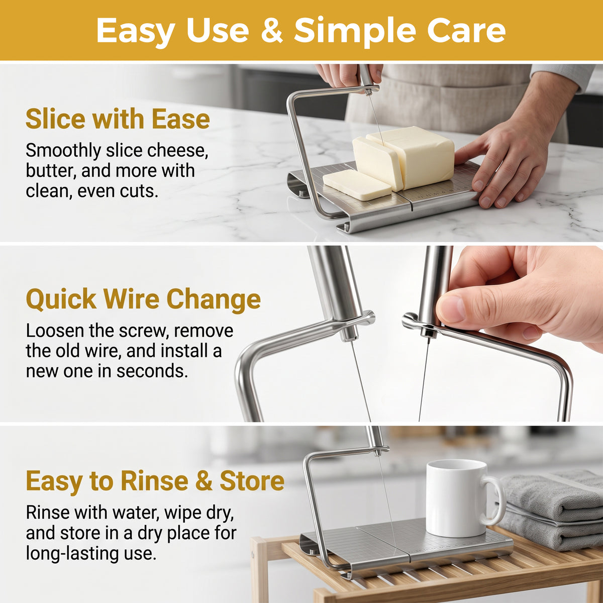 M Buder Cheese Slicer, Stainless Steel Cheese Cutter with Blade and Measuring Grids Board, Wire Cheese Cutter for Butter Cutter, Food Slicer