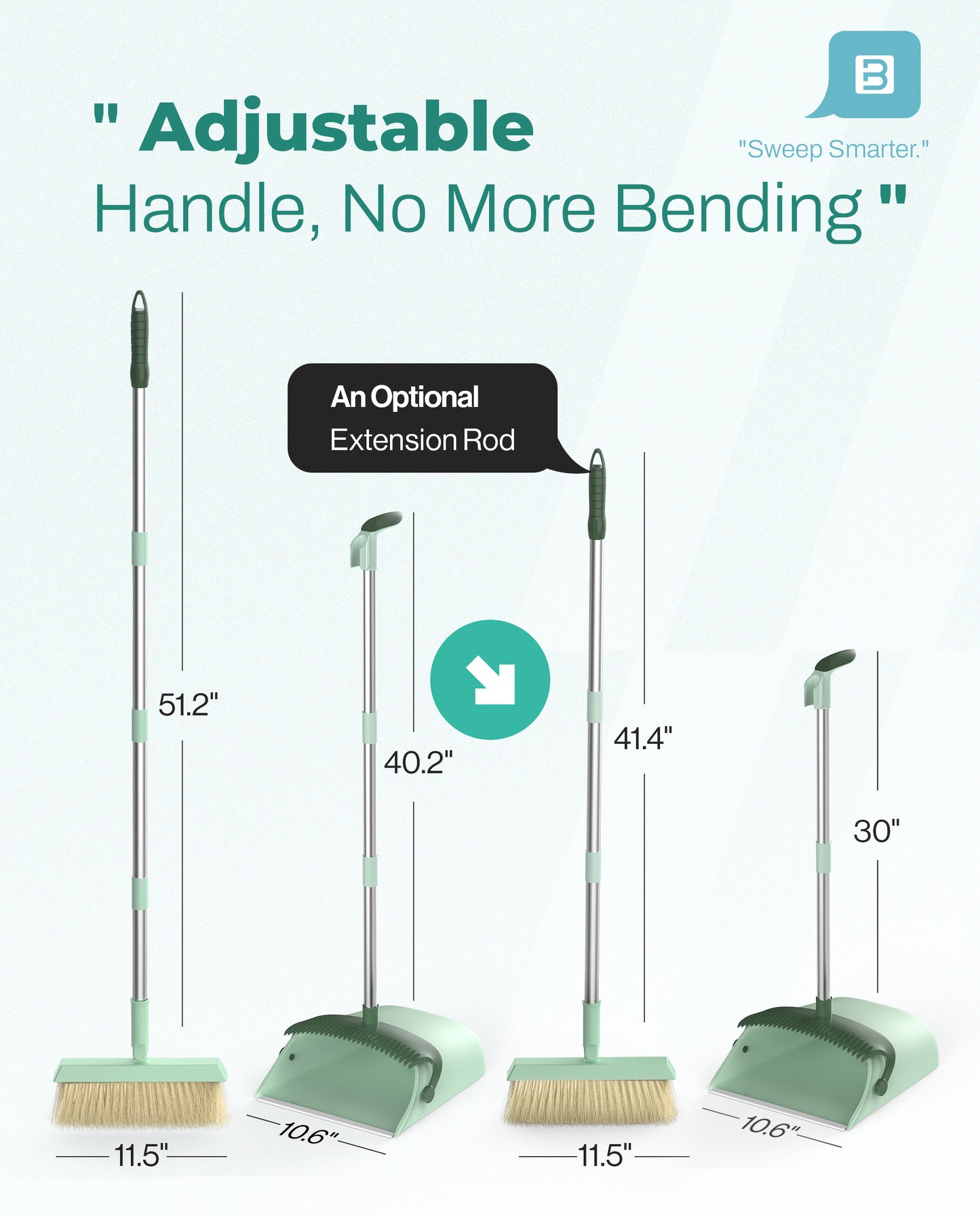 BIMZUC Broom and Dustpan Set for Home, Dustpan & Broom W/Comb, 51" Long Handle, Cyan Cleaning Tools