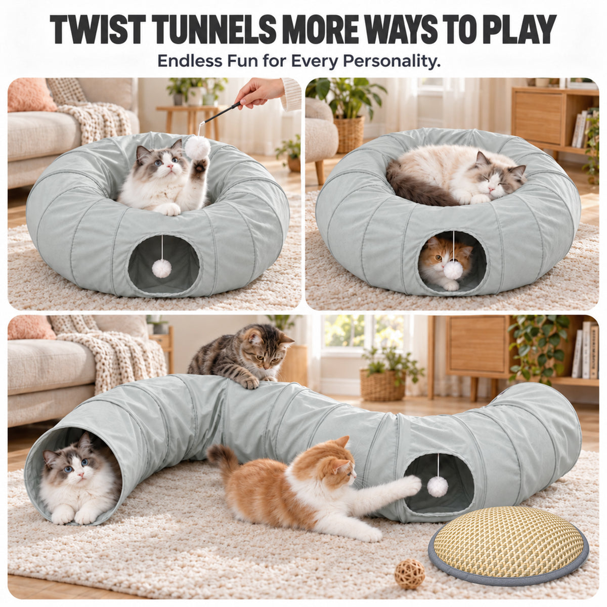 Tolobeve Foldable Cat Tunnel with Cushion Bed, Double-Layer Fabric Modular Tube Toy for Indoor Cats, Gray