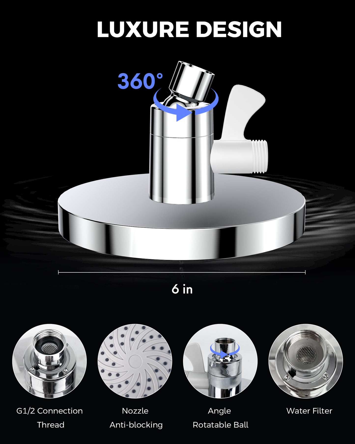 Hodvit 6" High Pressure Rainfall Shower Head and Handheld Combo, Plated with 60" Hose Anti-leak with Holder, Chrome