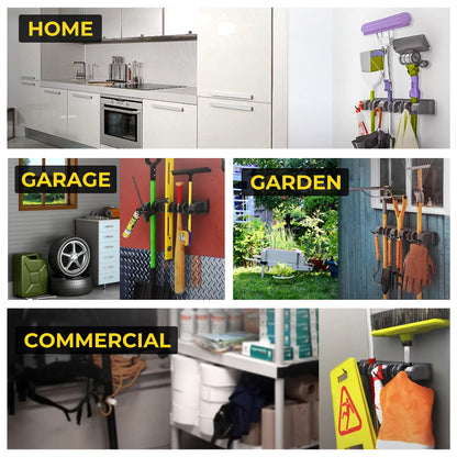 BIMZUC Wall Mount Broom Holder, 5-Position Plastic Organizer with Hooks, for Home and Garden Cleaning Tools