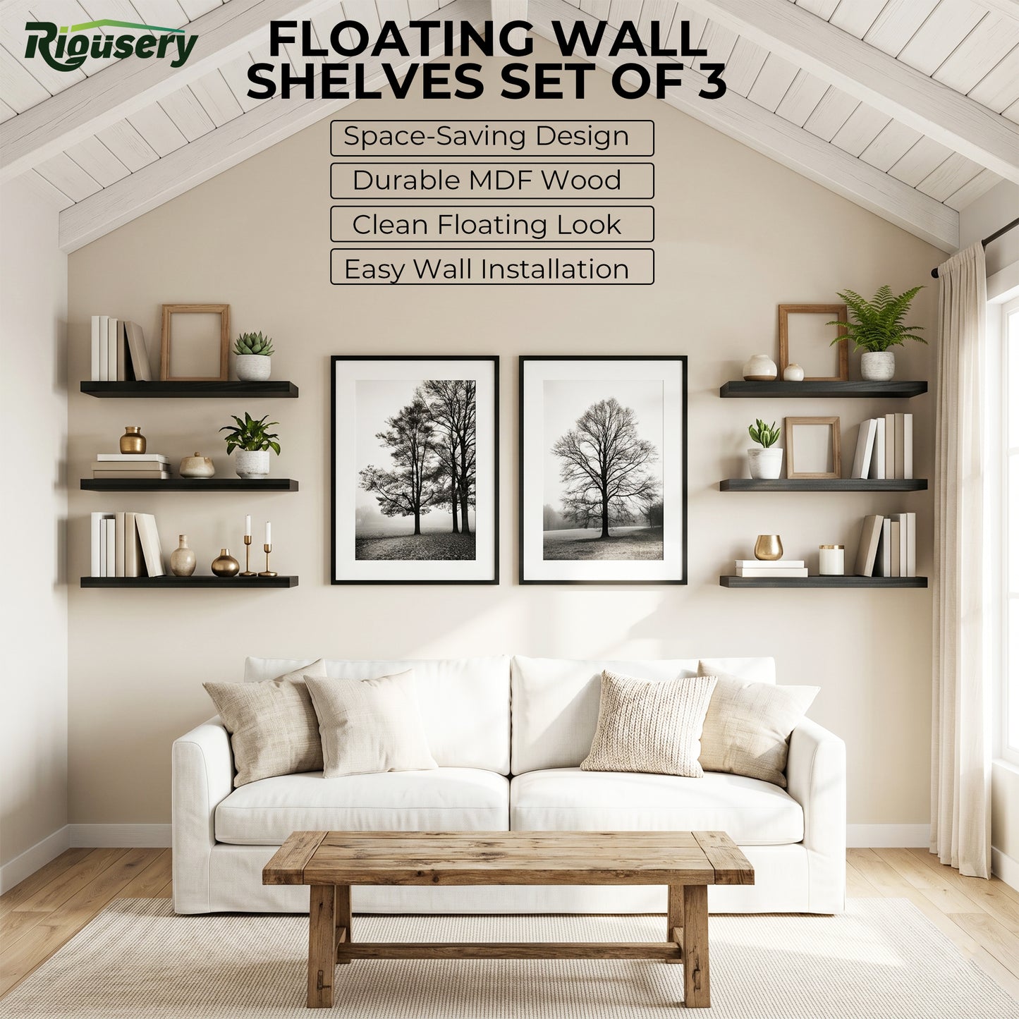 Riousery Floating Wall Shelves, Set of 3, 15.7" x 5.9" x 0.6", Black MDF Wood Wall Mounted Shelves for Bedroom, Bathroom, Living Room, Kitchen Storage & Display