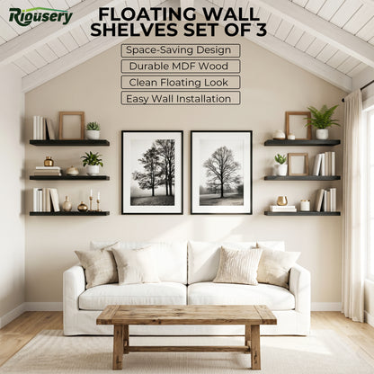 Riousery Floating Wall Shelves, Set of 3, 15.7" x 5.9" x 0.6", Black MDF Wood Wall Mounted Shelves for Bedroom, Bathroom, Living Room, Kitchen Storage & Display
