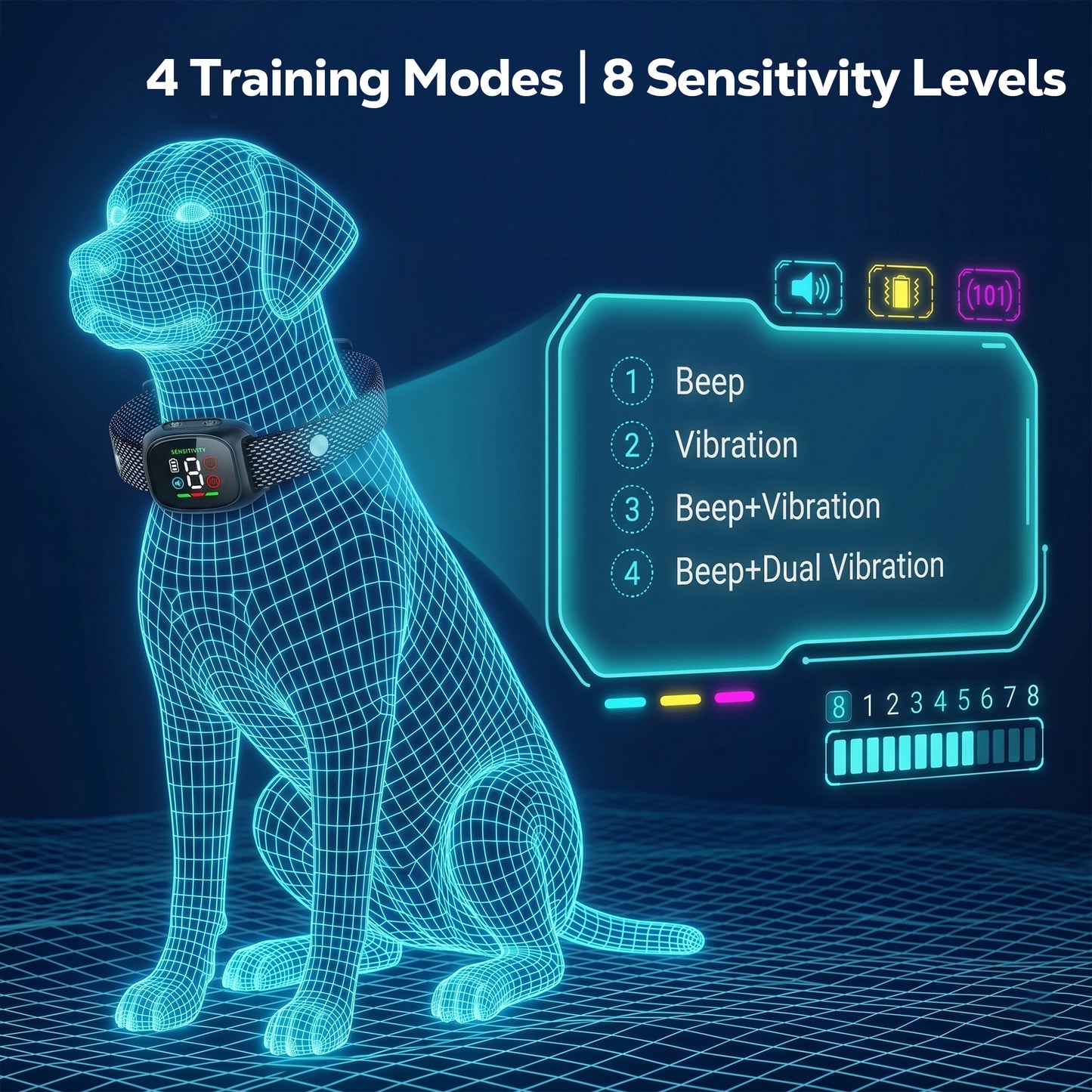 Tolobeve Rechargeable Anti-Bark Collar, 4 Modes and 8 Levels, IP67 Waterproof for Small-Medium Dogs, Black