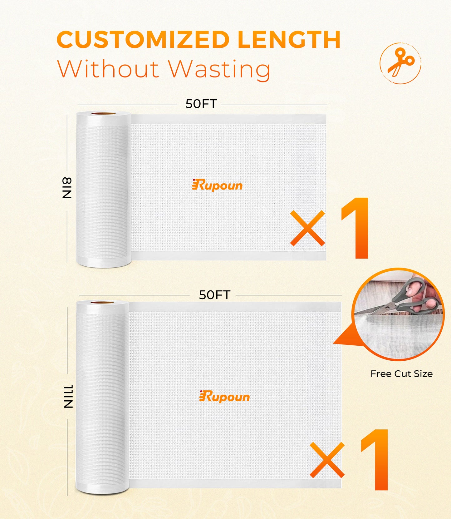 Rupoun Vacuum Sealer Bags for Food 2 Rolls (11" x 50' and 8" x 50'), Disposable Storage Bags for Vacuum Sealing, Clear