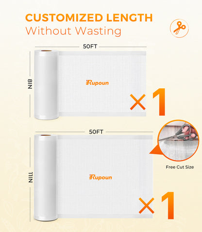 Rupoun Vacuum Sealer Bags for Food 2 Rolls (11" x 50' and 8" x 50'), Disposable Storage Bags for Vacuum Sealing, Clear