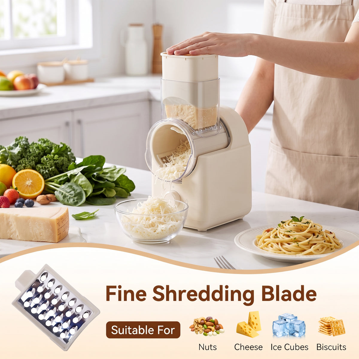 M Buder Electric Cheese Grater, 6 Blades Electric Grater for Home Kitchen, One-Touch Control Electric Cheese Shredder, Mandoline Slicer, Beige