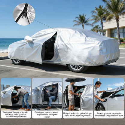 Floray Waterproof All-Weather Car Cover with Zipper Door – Heavy-Duty Windproof Protection for Large Sedans, UV and Snow Guard (XL, 210" x 59" x 47")