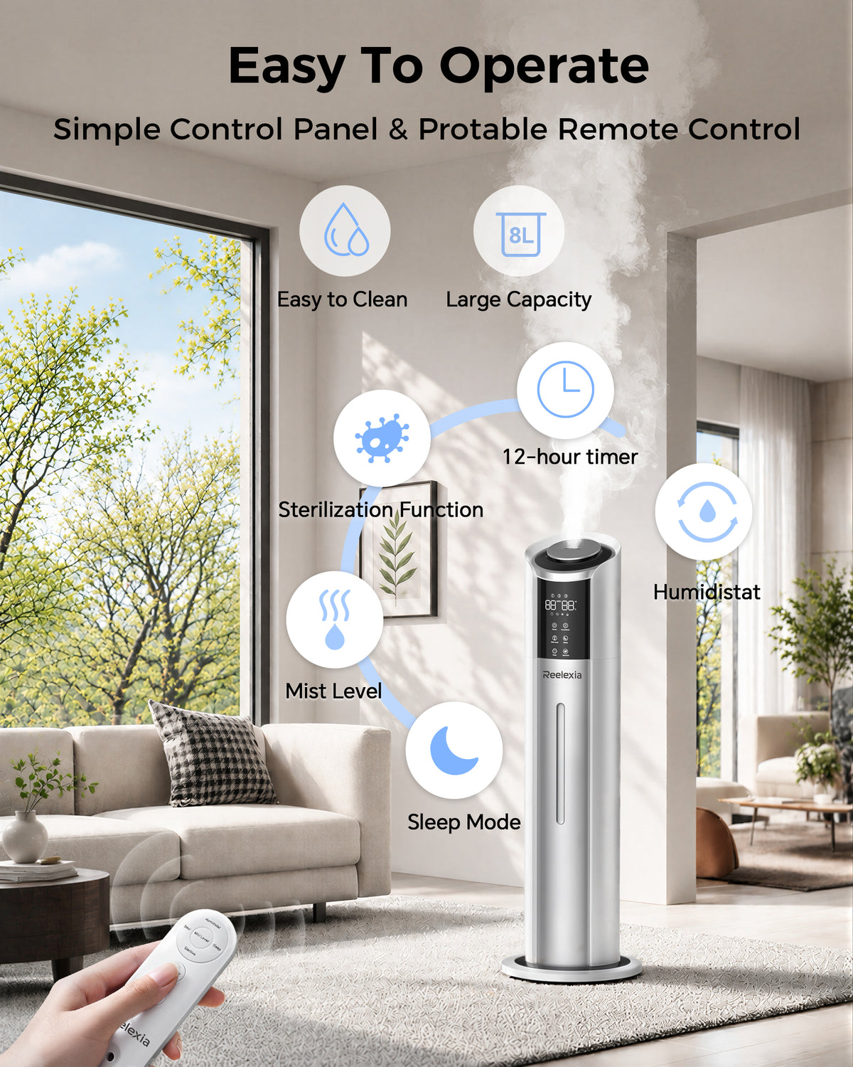 Reelexia 8L Humidifiers for Bedroom Large Room, Top Fill Ultrasonic Cool Mist Tower Humidifiers with Humidistat, Auto Shut-off