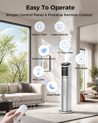 Reelexia 8L Humidifiers for Bedroom Large Room, Top Fill Ultrasonic Cool Mist Tower Humidifiers with Humidistat, Auto Shut-off