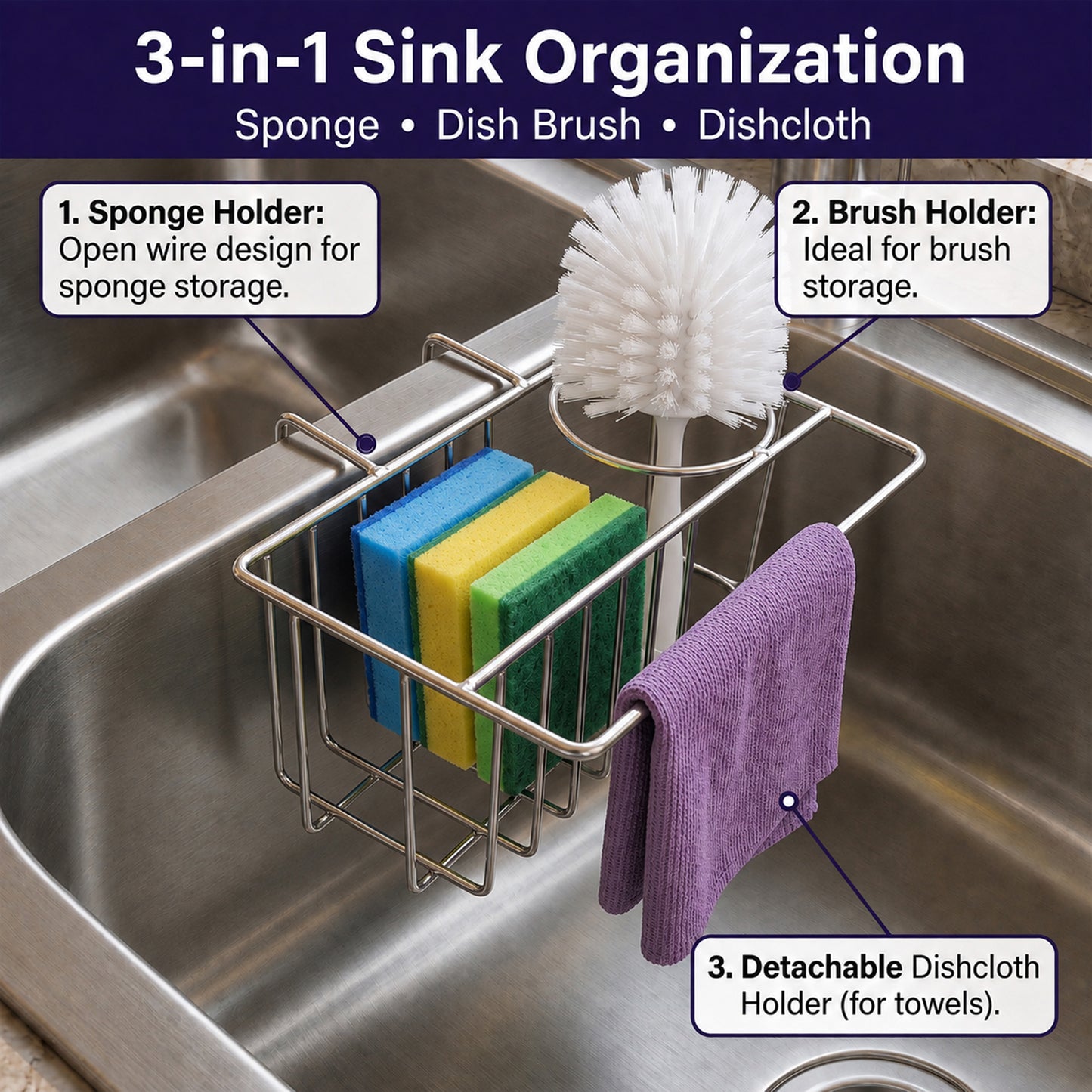 Riousery Compact Kitchen Sink Caddy, Hanging Sponge Holder for Double Sink Divider, 6.7 x 4.0 x 2.9 in Stainless Steel Mini Sink Organizer with Brush Holder and Dishcloth Bar